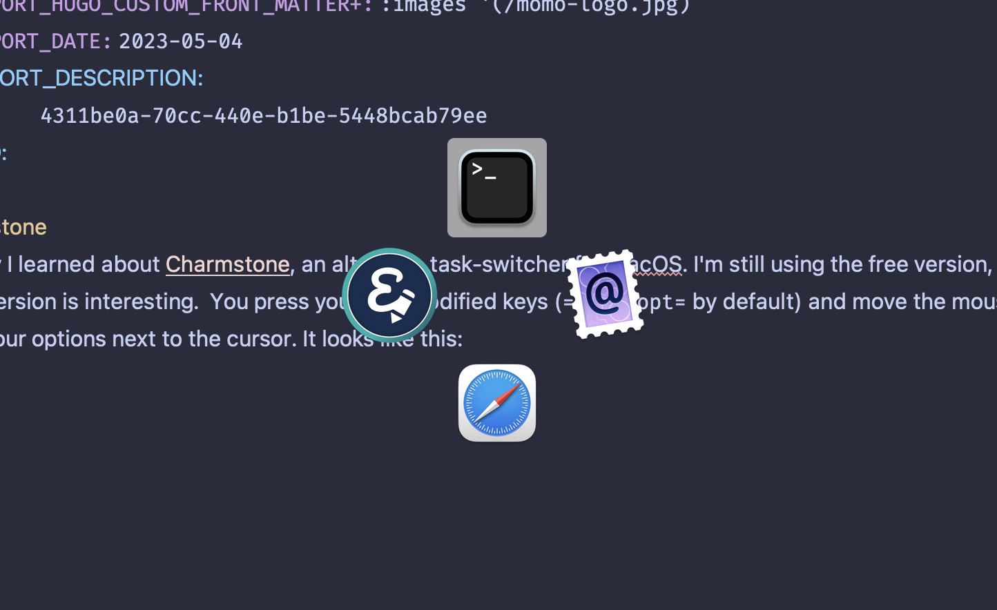 A floating menu centered around the cursor offering quick access to four application icons.