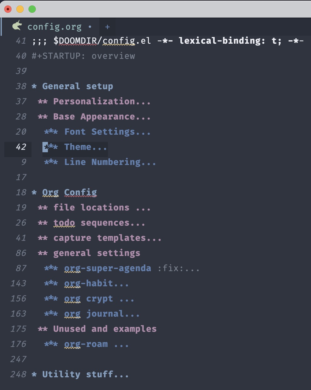 Screenshot of an org-based config file&rsquo;s heading hierarchy