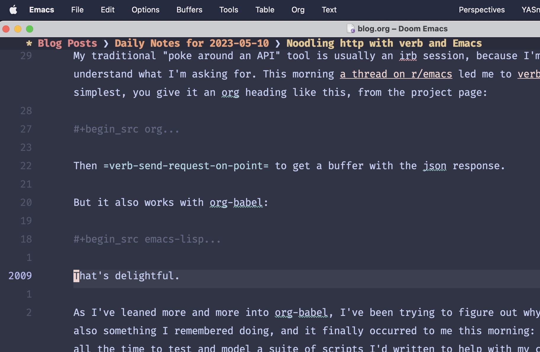 An Emacs screenshot showing breadcrumbs of org headings