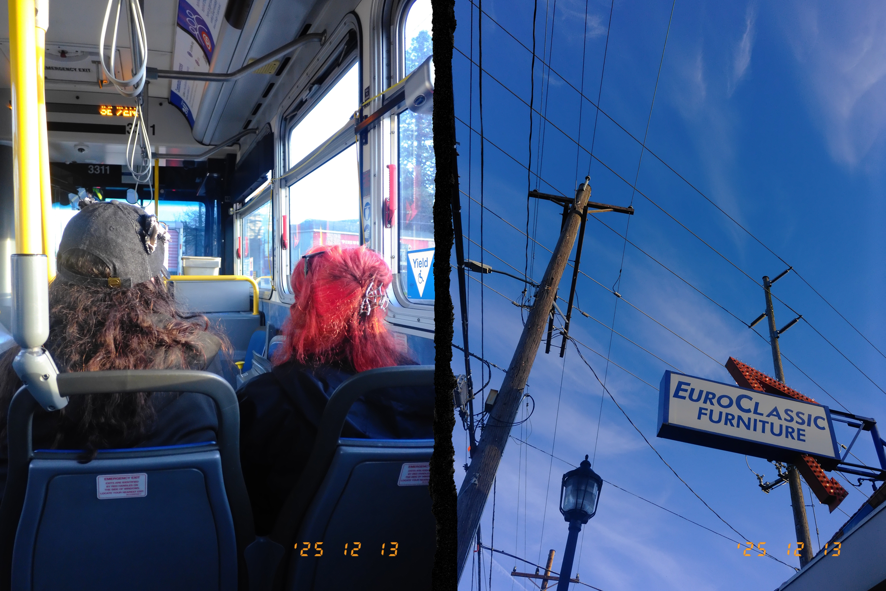 A split image shows two people seated on a bus on the left and utility poles with a Euro Classic Furniture sign against a blue sky on the right.