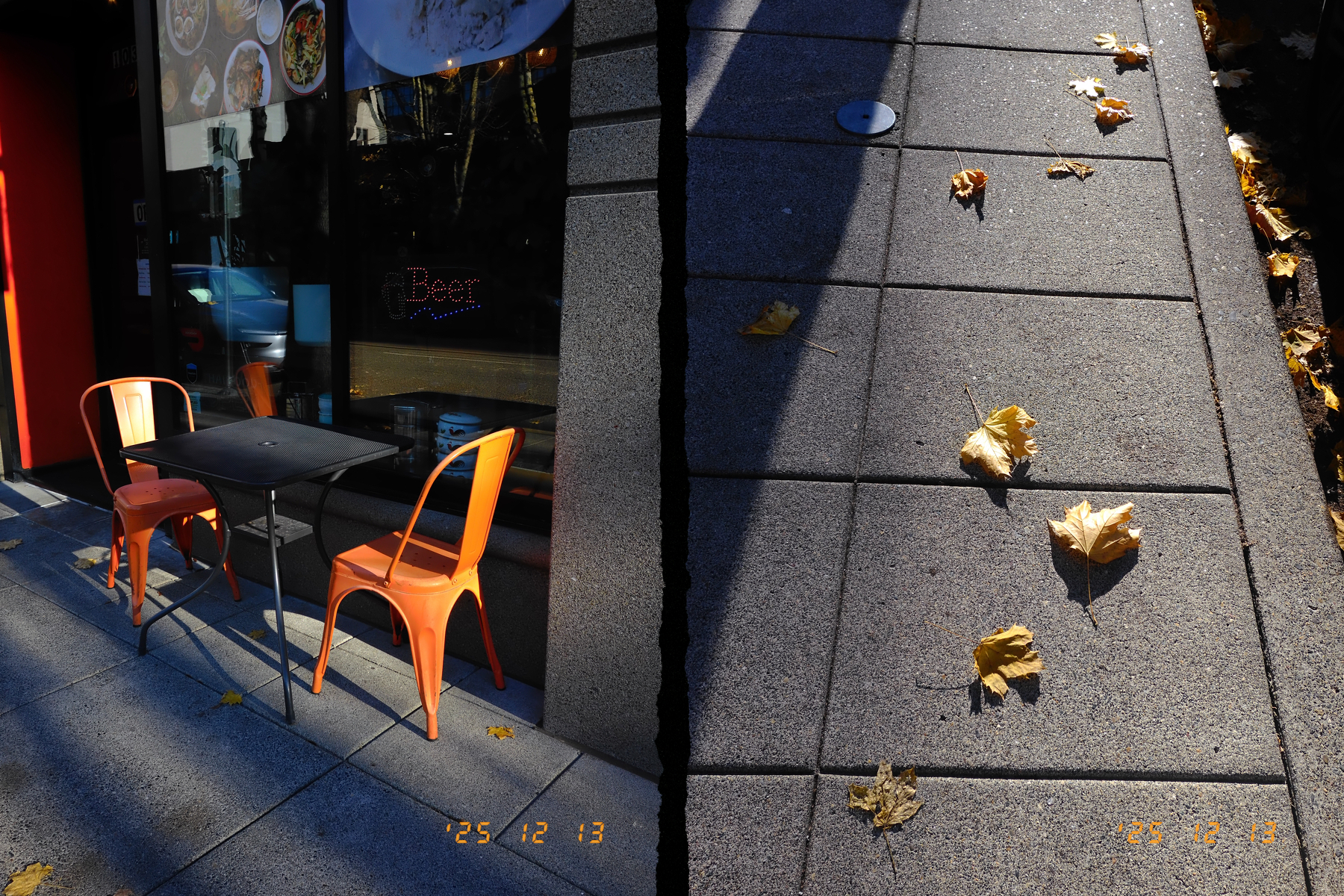 Two contrasting scenes show a sidewalk cafe setting with a table and orange chairs, and a separate view of fallen autumn leaves on a sunlit pathway.&10;