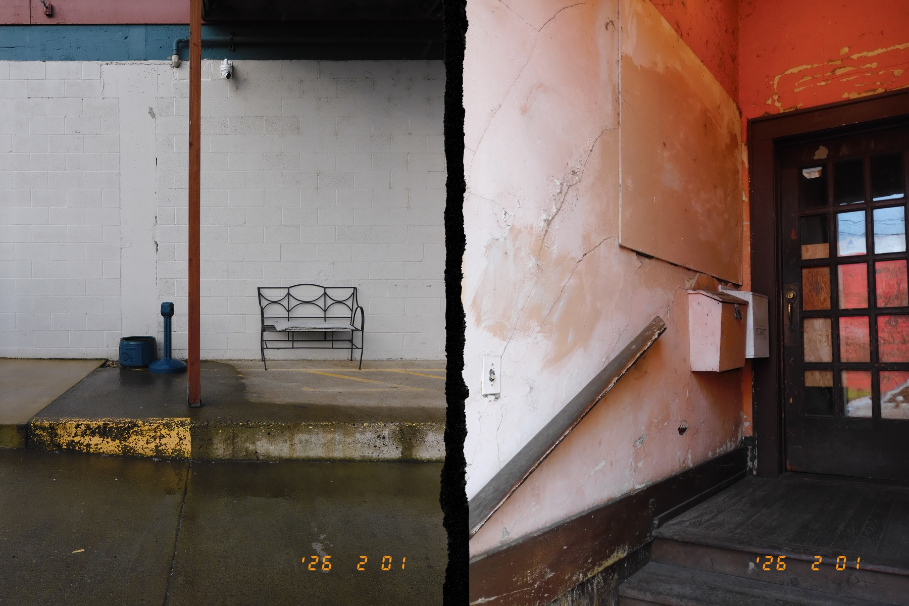 Two contrasting urban scenes are juxtaposed, showing a bench against a wall on the left and a weathered entrance with a door on the right.