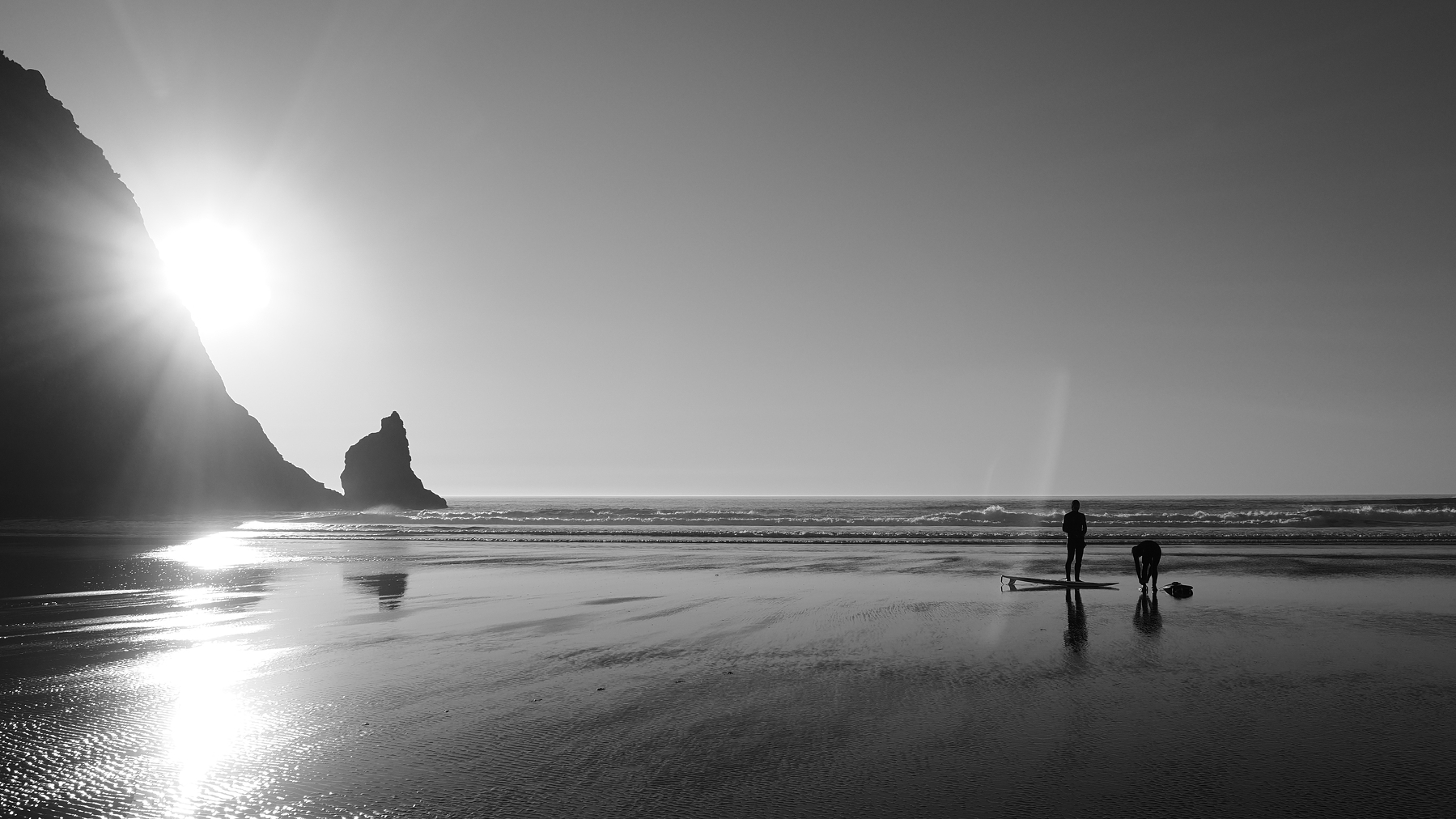 A dramatic black and white scene shows two people and a dog on a serene beach with cliffs and the sun setting over the ocean.