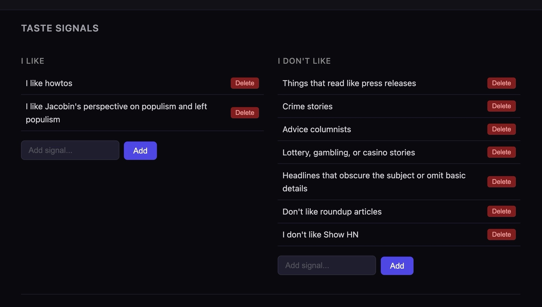 A list of personal taste signals is displayed, showing categories for likes such as howtos and dislikes like press releases.