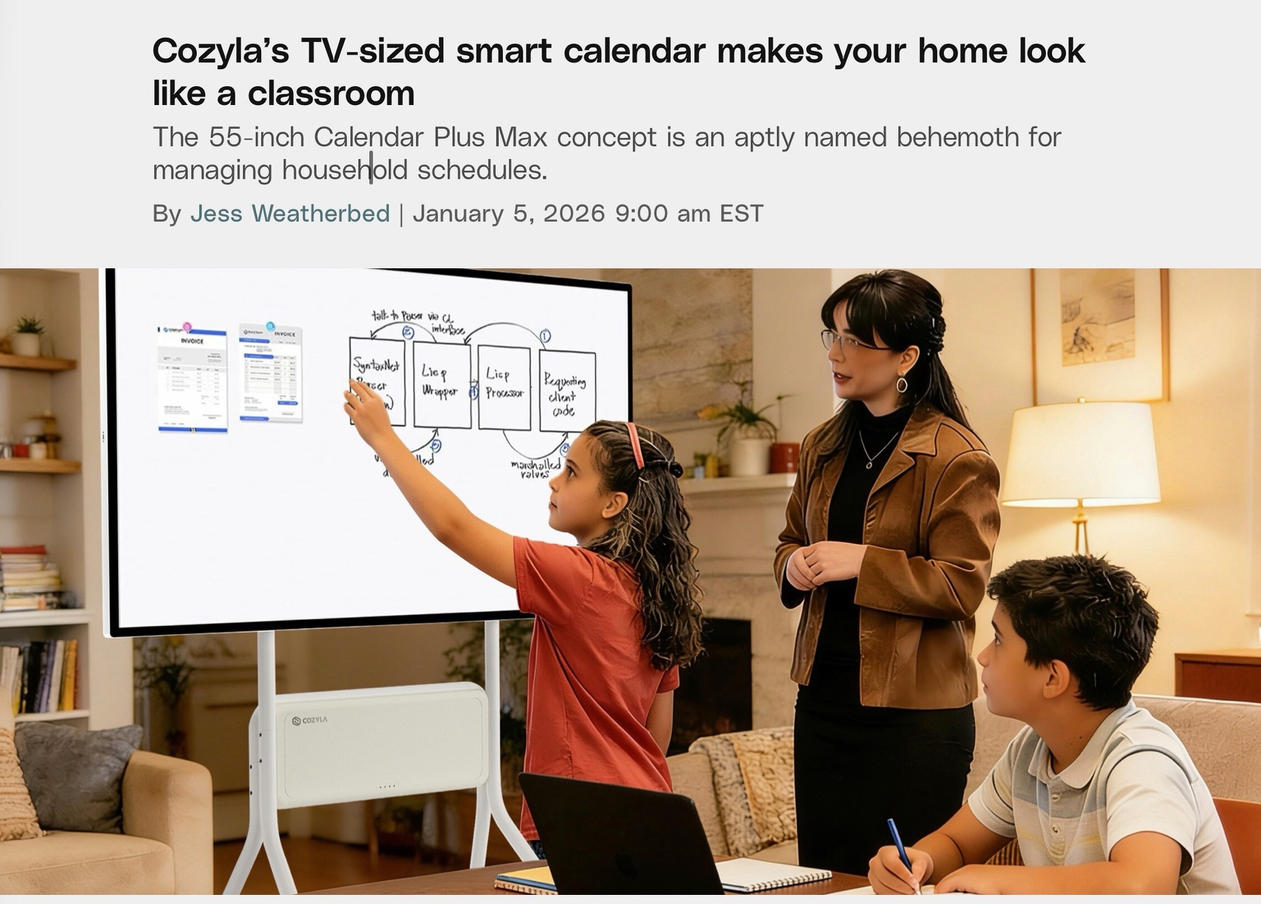 A woman is teaching two children using a large digital smart calendar, in a setting resembling a classroom.