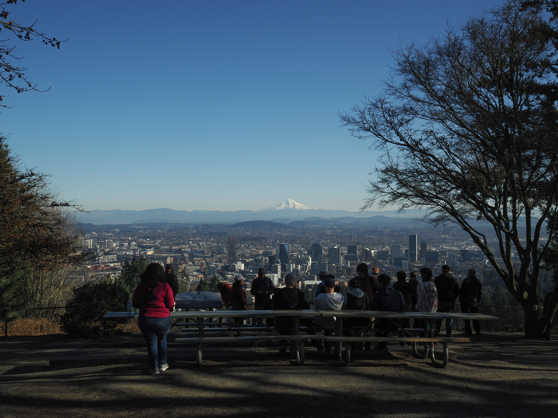 A group of people are gathered at a viewpoint overlooking a city with a mountain in the background under a clear blue sky.