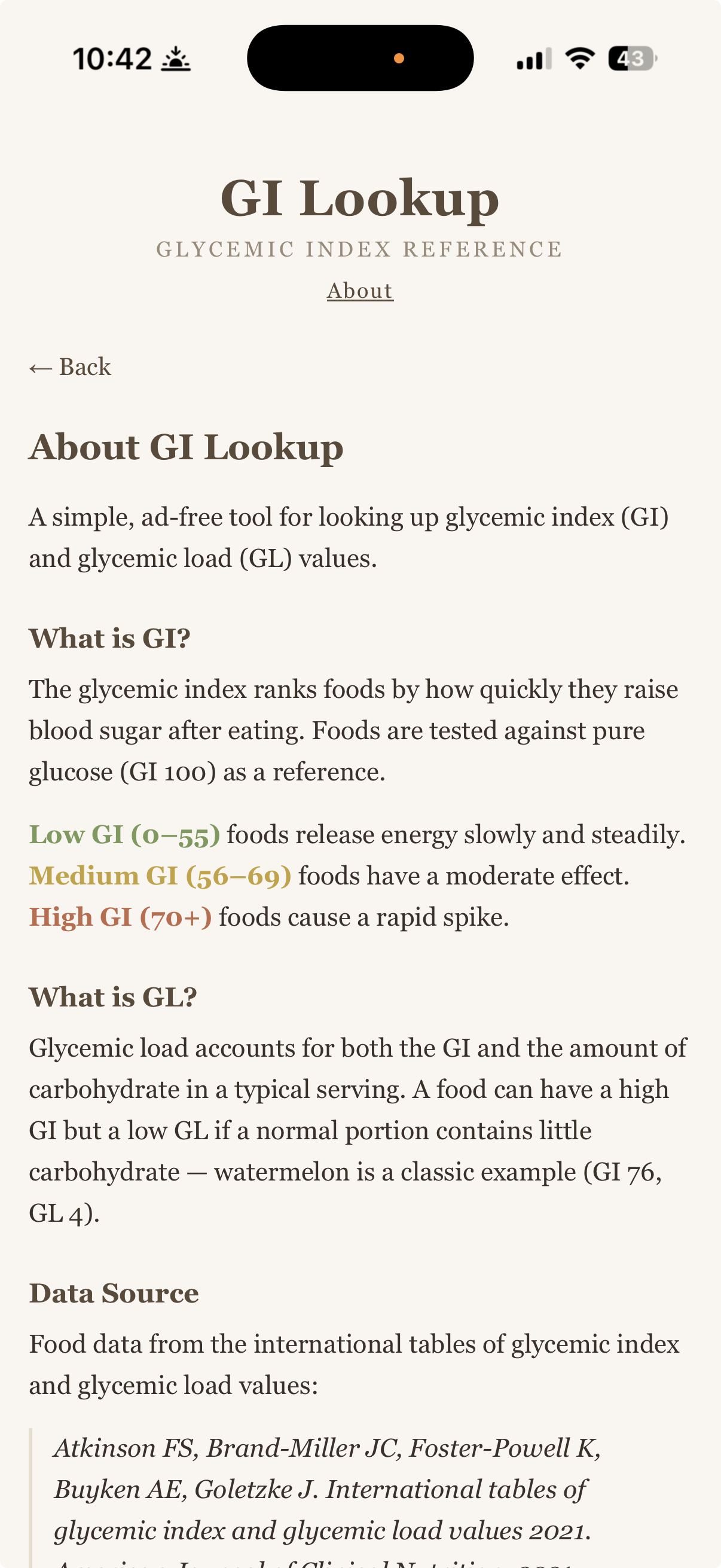 A webpage titled GI Lookup provides information about glycemic index (GI) and glycemic load (GL), categorizing foods based on their GI values as low, medium, or high.
